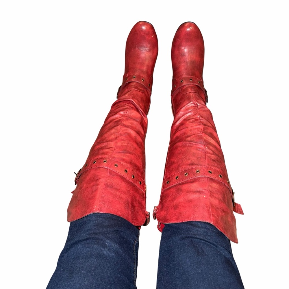 Forever Young ALKA Red Over The Knee Wedge Boots - Size 6 - Picture 2 of 14